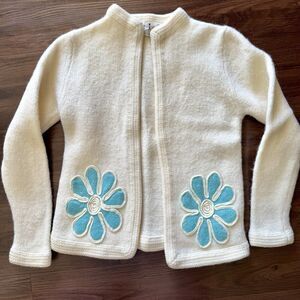 Vintage Girls Sweater Floral Embroidered Cardigan Jacket Boho Hippie 50s 60s